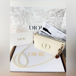 DIOR Beauty Tan Gold CD Striped Velour Cosmetic Makeup Pouch Bag Pearl Strap